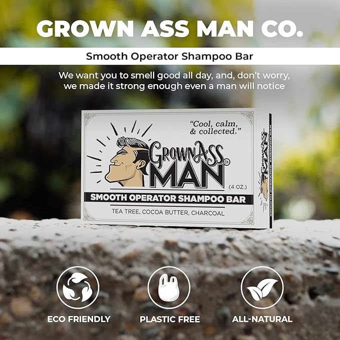 Grown Ass Man Co. - Solid Shampoo Bar Rich Lather 3 in 1: Hair, Beard & Body Wash - Plastic Free & Eco-Friendly, Natural & Organic Clean for All Hair Types, 4oz Bar (Smooth Operator, 3-Pack)