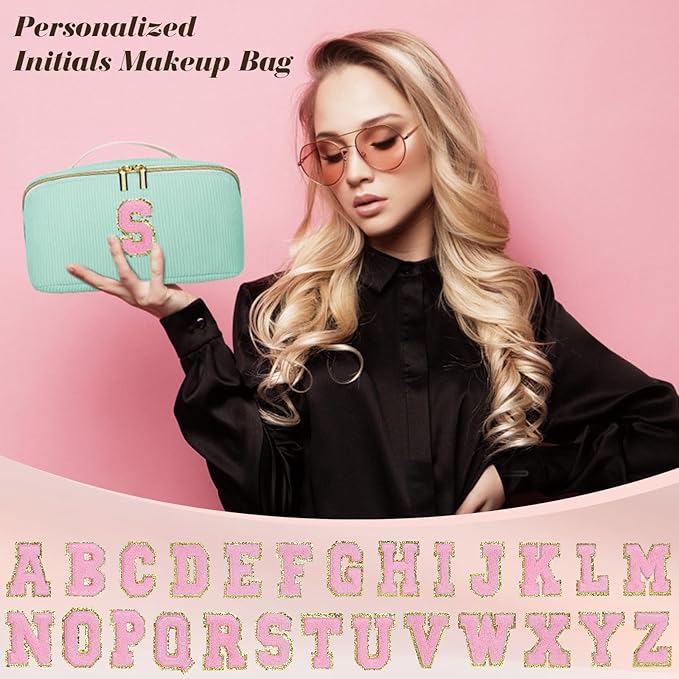 Personalized Initial Makeup Bag,Christmas Gifts for Girl,Preppy Bag Cosmetic Travel Bag Women,Travel Toiletry Organizer,Large Capacity Corduroy Stuff Bag,Cute Cosmetic Pouch Skincare Bag-U