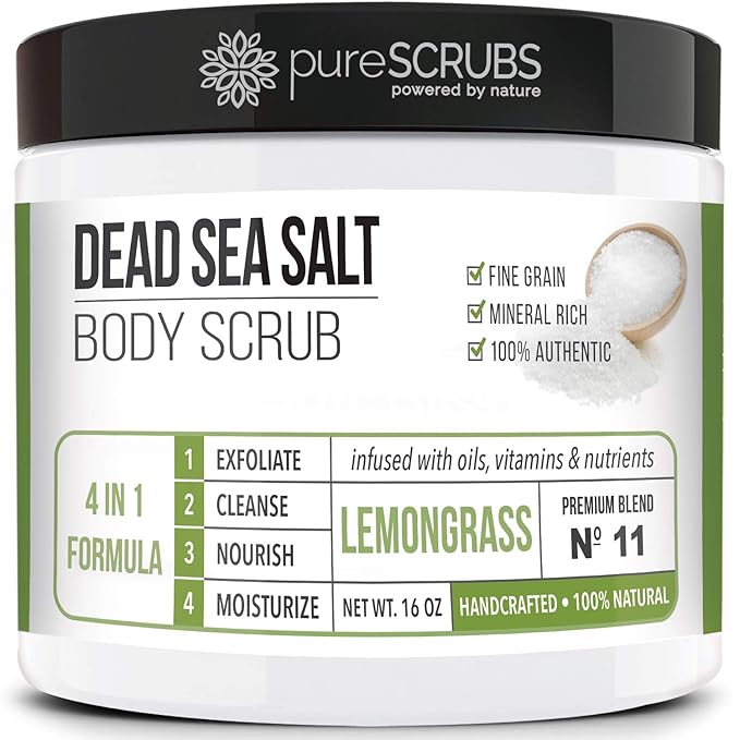 pureSCRUBS Premium Lemongrass Dead Sea Salt Body Exfoliator Scrub, Full Exfoliating Body Scrubber - Large 16oz Jar, Filled With Essential Oils, Includes Spoon, Loofah & Exfoliating Skin Soap