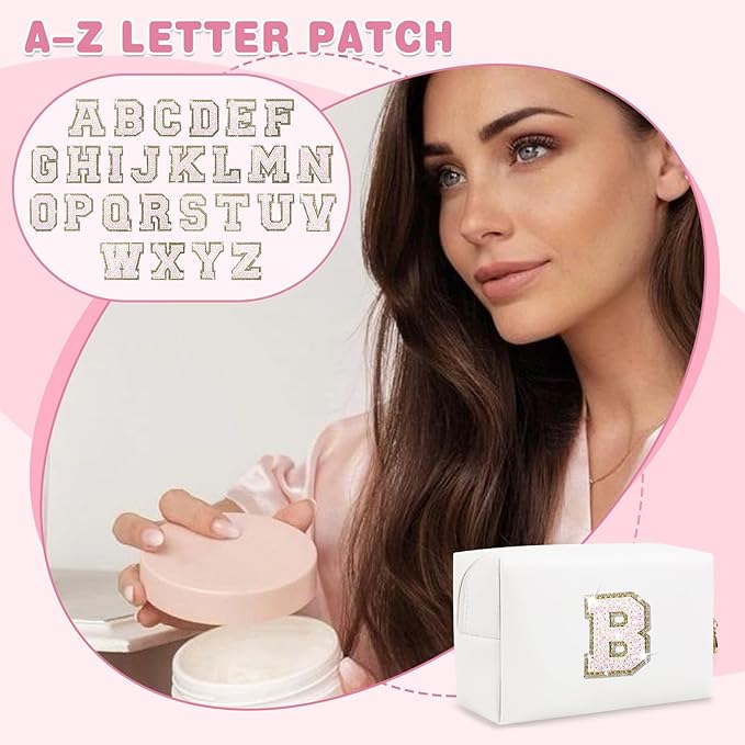Small Initial Patch Makeup Bag Personalized Gifts Make Up Bag,White Cute PU Leather Glitter Letter Cosmetic Bag with Zipper,Trendy Portable Travel Toiletry Pouch,Preppy Stuff for Teen Girls Women B