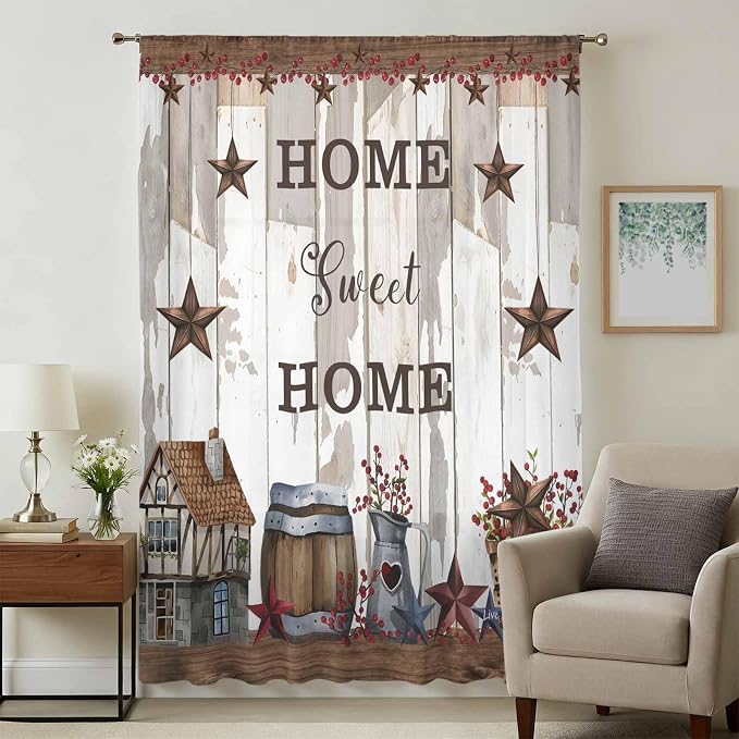 Farmhouse Sheer Curtains 96 Inch Length Retro Country Star Berry Vintage Wood - Image 3