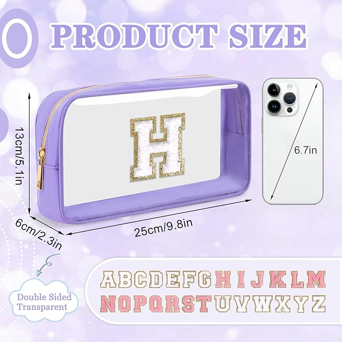 Small Clear Personalized Initial Makeup Bag,Nylon Preppy A-Z Chenille Letter Patch Cosmetic Pouch Beach Toiletry Bag,Waterproof Zip Travel Purse Storage Bag Organizer for Women Girls(Purple-White H)