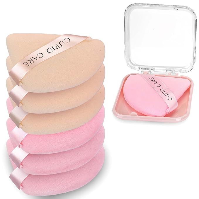 6 Pcs Triangle Powder Puff with 2 Travel Cases, Setting Powder Puffs for Face Powder and Foundation, Velour Makeup Puff for Loose Powder Body Powder, Skin-Friendly, Beauty Makeup Tools