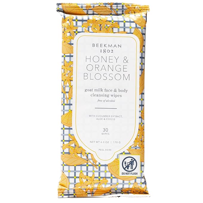 Beekman 1802 Face & Body Wipes, Honey & Orange Blossom - Scented - 30 Count - Cleanses - With Goat Milk, Aloe & Vitamin E - Alcohol Free, Biodegradable - Good for Sensitive Skin - Cruelty Free