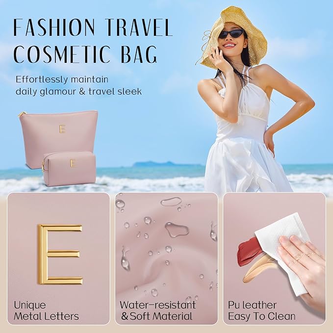 Women Gifts | Initial Makeup Bag Set for Girl Personalized Gifts for Bridesmaid Friend Graduation Teachers PU Leather Cosmetic Travel Toiletry Bag(Pink,E)