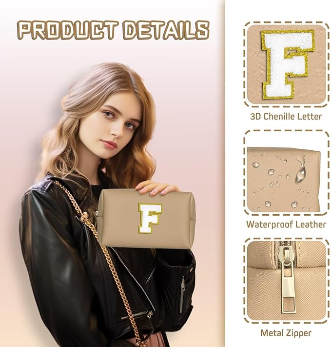TOPEAST Gifts for Friends Female Mom, Cute Makeup Bag Small Pink Cosmetic Bag Travel Toiletry Bag, Personalized Birthday Gift for Women Girl, Preppy Travel Stuff for Girls (Khaki C)