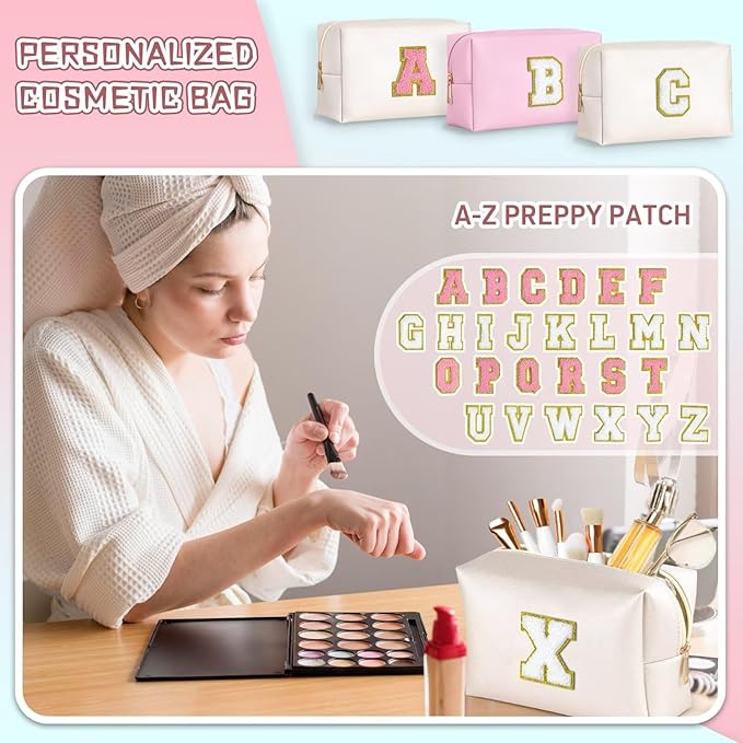 TOPEAST Preppy Patch Makeup Bag, Chenille Letter Pouch Cosmetic Bag, PU Leather Waterproof Toiletry Bag, Personalized Birthday Gift for Women Girl, Cute Stuff for Girls (White B)