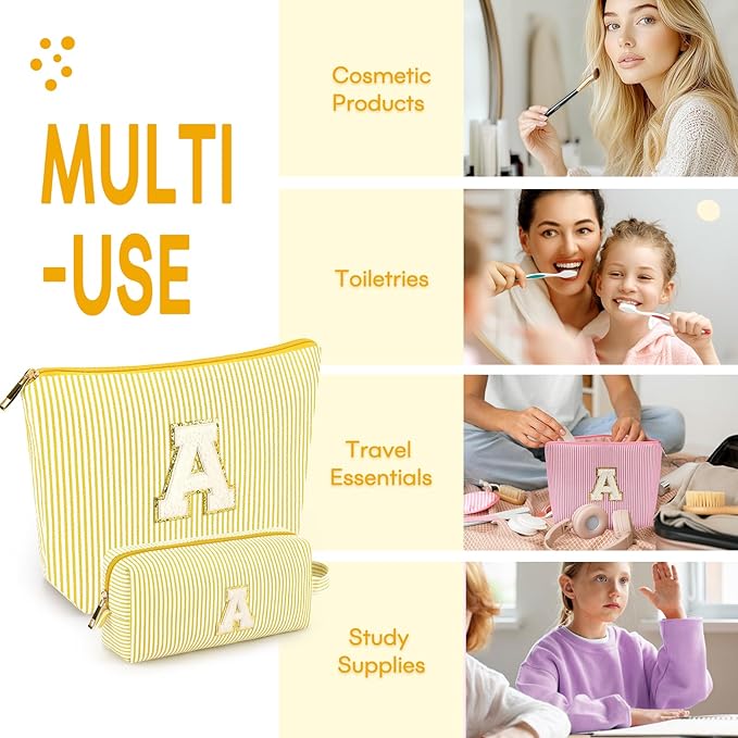 2 PCS Initial Makeup Bags for Women: Cosmetic Bag for Travel Toiletry - Birthday Gifts for 11 12 13 14 15 16 17 18 Years Old Girl Graduation Teacher Gift- Teen Girl Gifts Trendy Stuff - Yellow S