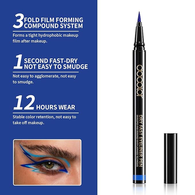 docolor Eyeliner, 2PCS Blue Liquid Eyeliner Waterproof Eye Liner Pen Super Slim Precise All Day Blue Eye Pencils Professional Makeup Liquid Eye Liner Pencil for Women