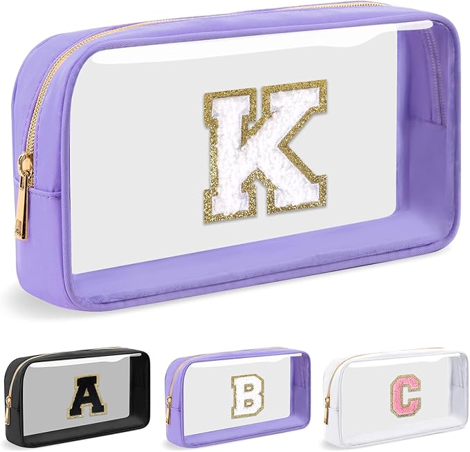 Personalized Initial Letter Clear Makeup Bag,Preppy Small Nylon&PVC Cosmetic Zipper Bag with Chenille Letter,Travel Skincare Toiletry Bag,Monogram Christmas Gift for Teen Girls Women,K
