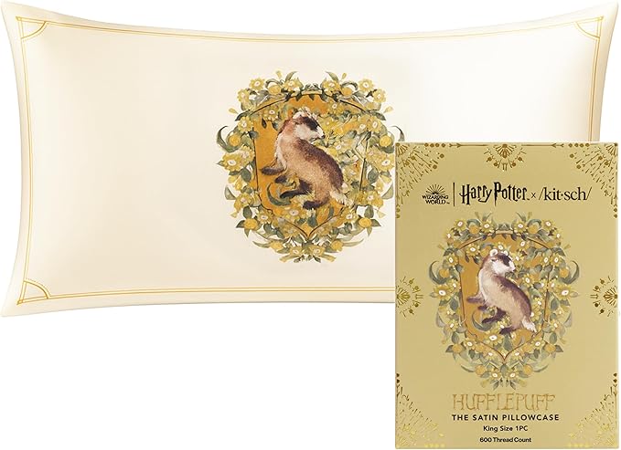 Kitsch x Harry Potter Hufflepuff Satin Pillowcase with Zipper for Hair & Skin – Double-Sided, Softer Than Silk, Wrinkle-Free, Machine Washable, Frizz Control, Breakout Prevention - King Size (19x36)