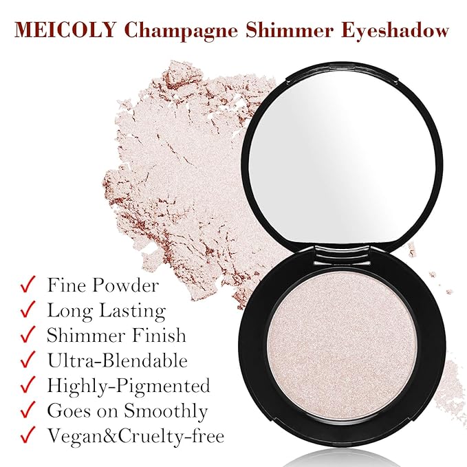 MEICOLY Champagne Shimmer Eyeshadow with Mirror,Shimmer Sparkly Eye Shadow Palette,Pressed Powder Single Eyeshadow for Women and Girls,Eye Makeup Eyelid Color,Long Wearing,Waterproof
