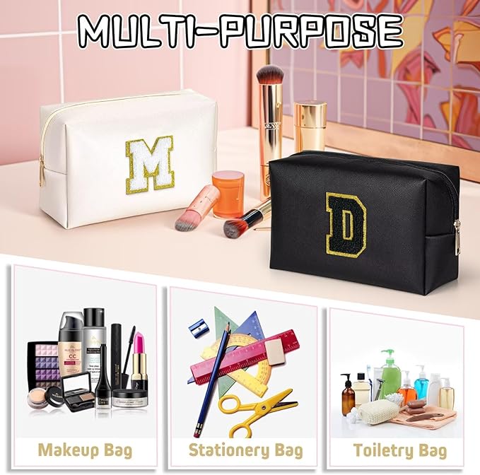 TOPEAST Monogrammed Gift for Women Girls, Personalized Initial Makeup Bags Cosmetic Bag with Zipper, Cute Makeup Pouch, PU Leather Waterproof Toiletry Bag, Preppy Gifts Stuff for Girl (Black E)