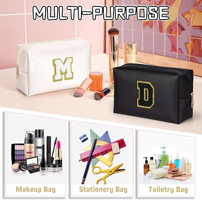 TOPEAST Personalized Birthday Gifts for Women, Preppy Patch Makeup Bag, Chenille Letter Pouch Cosmetic Bag, Travel Organizer, Birthday Gifts for Friends, Cute Stuff (Black L)