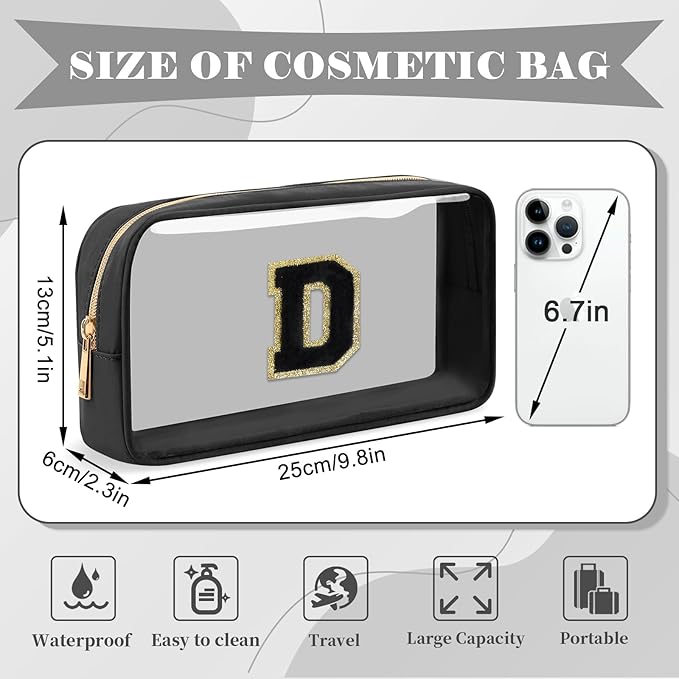 Personalized Initial Letter Clear Makeup Bag,Preppy Small Nylon&PVC Cosmetic Zipper Bag with Chenille Letter,Travel Skincare Toiletry Bag,Monogram Christmas Gift for Teen Girls Women,D