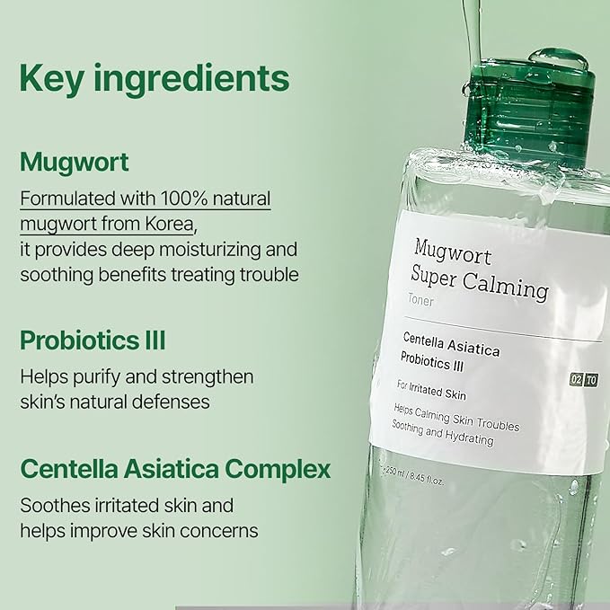 Mugwort Super Calming Toner - Korean Hydrating Toner for face, Purifying Mugwort Essence, Soothing, Calming, Refreshing Facial Toner for Oily, Dry, and Sensitive Skin, Daily Skin Care, 8.45 fl.oz