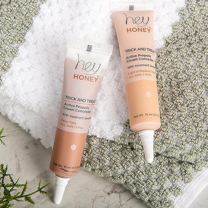 Hey Honey Skincare Trick & Treat Active Honey & Propolis Full-Coverage Concealer | for Rosacea, Acne & Blemishes, Dark Spots, Eye Dark Circles & Discoloration | Light to Medium Tone | 0.5 oz.