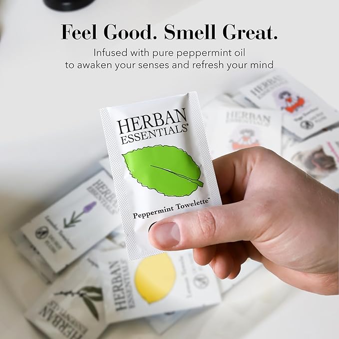Herban Essentials - Peppermint Wipes & Towelettes - Essential Oil Wipes for Hands & Body - Travel Size Essentials and Toiletries - Natural, Individually Wrapped, Disposable & Moist Refresh (7 count)