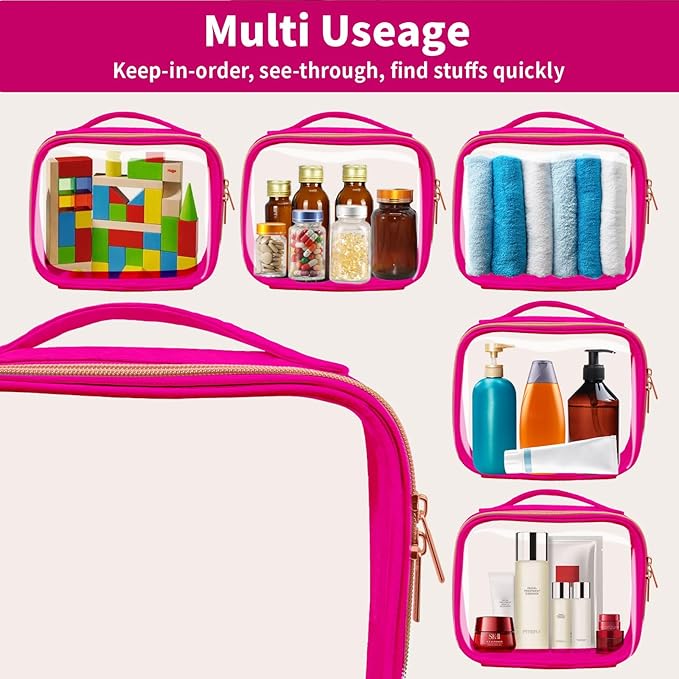 TSA Approved Travel Toiletry Bag,3 Pack Clear Makeup Bags with Handles,Quart Size Clear Cosmetic Bags for Traveling Women,Men,Carry on Airport Airline Compliant Bag,Rose Red