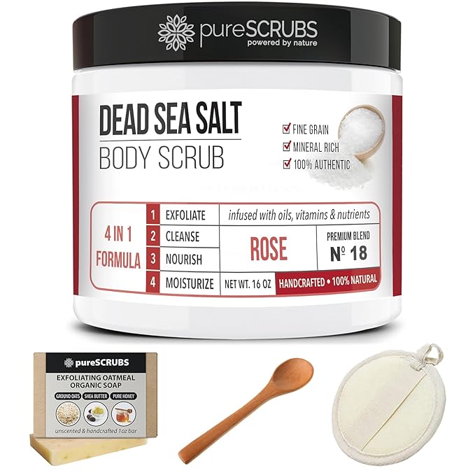 pureSCRUBS Premium Rose Body Scrub Set - Large 16oz Dead Sea Salt Body Scrub With Infused Essential Oils & Nutrients, Includes Wooden Spoon, Loofah & Oatmeal Exfoliating Bar Soap