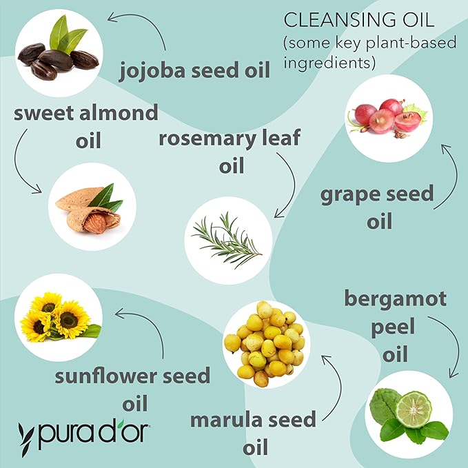 PURA D'OR Facial Cleansing Oil (8 Oz x2 = 16 Oz) Nourishing Botanical Blend with & Vitamin, Jojoba and Sunflower Oil - Gentle Makeup Remover & Deep Cleanser For Healthy, Glowing Skin - Paraben-Free