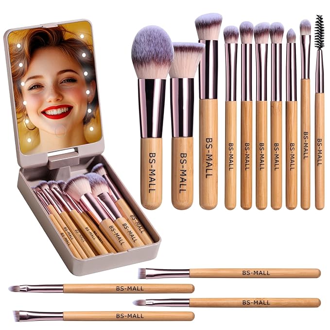BS-MALL Travel Makeup Brush Set Foundation Powder Concealers Eye Shadows Makeup Set with LED light Mirror 14 Pcs (B-Bamboo)