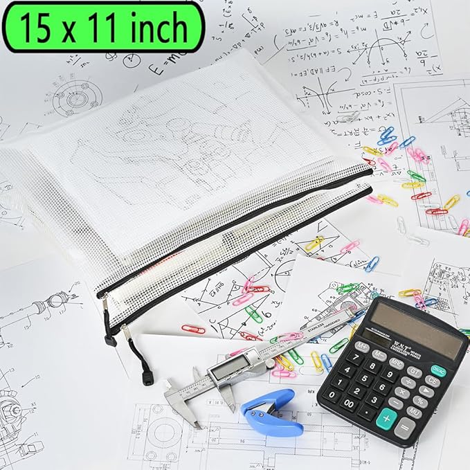 AUSTARK 10 Pcs Zipper File Bags, Waterproof Plastic Mesh Pouch for Office School, Board Game Storage Bags (Multi-Size, White and Black)