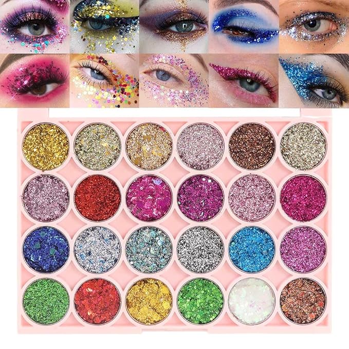 evpct 24 Colors Glitter Eyeshadows Palette Makeup for Women, Black White Pink Green Blue Rainbow Sparkle Neon Metallic Shimmer Shiny Eyeshadow Palette, Body Pressed Eye Shadow Glitter Palettes Makeup