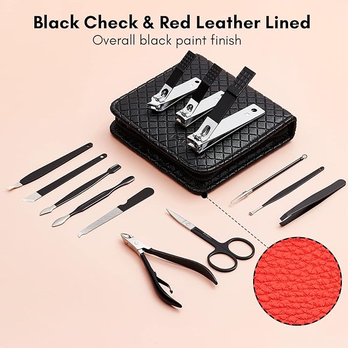 FAMILIFE Nail Kit, Professional Manicure Set Manicure Kit Nail Clipper Set, 13 in 1 Stainless Steel Pedicure Sets Clipper Tool, Men Grooming Tool with Portable Black Leather Travel Case for Him
