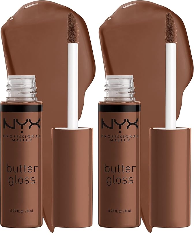 NYX PROFESSIONAL MAKEUP Butter Gloss Brown Sugar, Non-Sticky Lip Gloss - Fudge Me (Warm Brown) (Pack of 2)