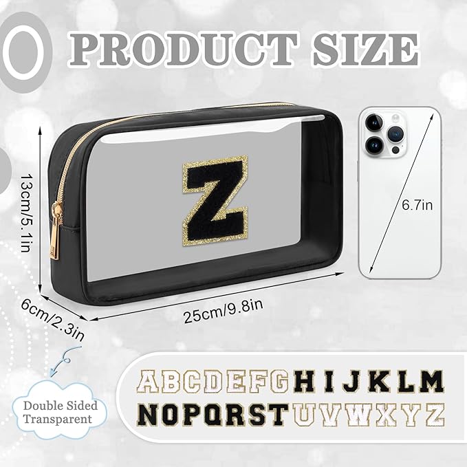 Small Clear Personalized Initial Makeup Bag, Preppy A-Z Chenille Letter Patch Cosmetic Bag, Cute Transparent Nylon Waterproof Zipper Beach Varsity Letter Pouch, Gift for Women Girls(Black-Black Z)