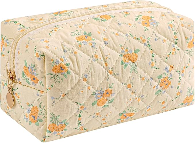 Makeup Bag Travel Cosmetic Bag for Women Girls, Zipper Make Up Pouch, Floral Flowers Toiletry Organizer Makeup, Portable Storage Bag, Cosmetic Travel Cloth Bag (Yellow Orange Flower)
