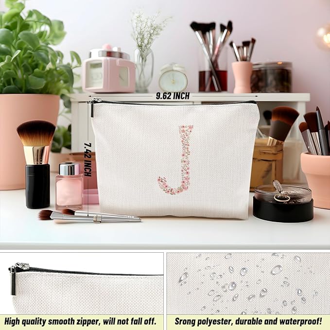 Initial Makeup Bag Floral J Personalized Cosmetic Bag Monogrammed Gifts for Women Girls Bride Friends Monogram Zipper Pouch for Teacher Appreciation Mothers Day Birthday Wedding Bridal Shower Gifts