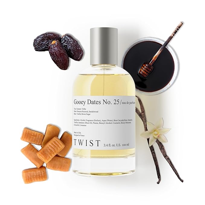 Twist Gooey Dates No. 25 - Inspired by L. Sticky Dates, Long-Lasting Perfume for Women & Men, Vegan, Clean Ingredients, Date Syrup & Vanilla Fragrance – Spray 100 ml | 3.4 fl. oz.