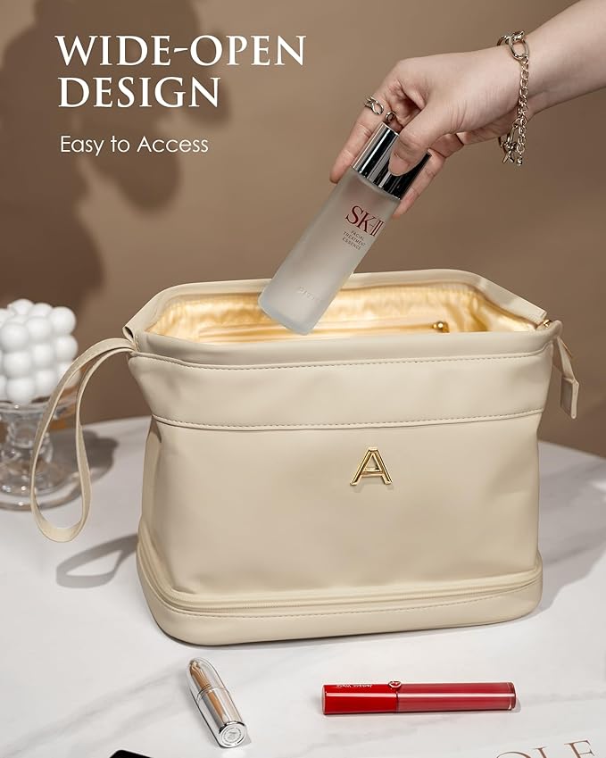 Initial Makeup Bag, Women Gifts, Personalized Double Layer Cosmetic Bag with Makeup Brush Organizer, Waterproof, Large Capacity PU Leather Travel Toiletry Bag Gifts for Friends Female Mom