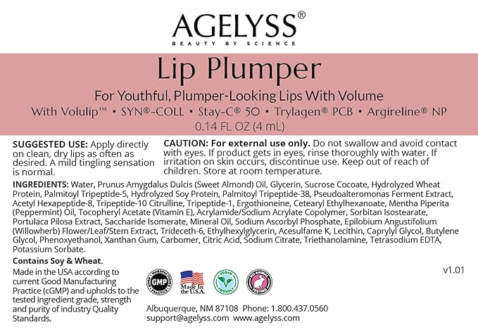 Agelyss Lip Plumper - Deep Hydration - Lip Volume, Collagen Boost, Plumping - Paraben-Free, Cruelty-Free, Vegan - .14 FL OZ - Pack of 3