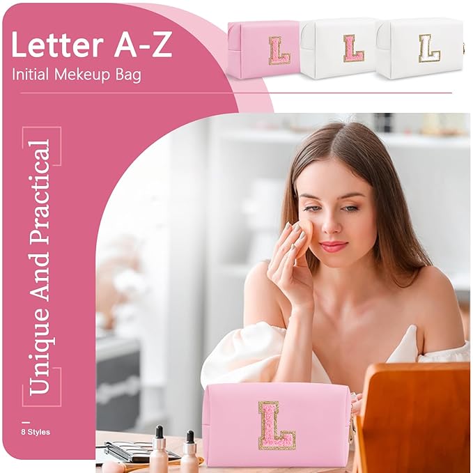 Personalized Initial A-Z Preppy Patch Makeup Bag,Small PU Leather Chenille Letter Cosmetic Bag with Zipper for Teen Girls,Pink Cute Travel Toiletry Bag,Birthday Monogrammed Gift for Daughter,Letter L