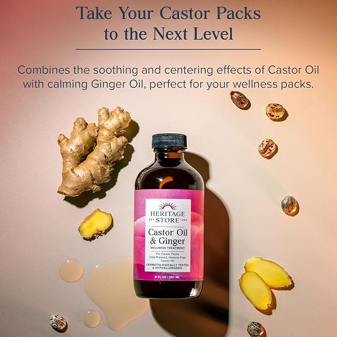 HERITAGE STORE Castor Oil & Ginger - Cold Pressed Organic Castor Oil Pack Wrap - Heat Compress for Abdomen, Joints, Overall Wellness with Calming Ginger - Hypoallergenic, Vegan, 60-Day Guarantee, 8oz