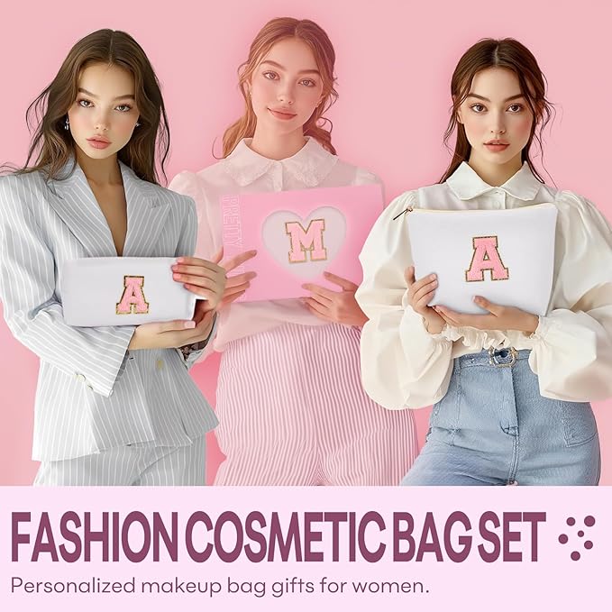 2 PCS Initial Makeup Bags for Women: Cosmetic Bag for Travel Toiletry - Birthday Gifts for 11 12 13 14 15 16 17 18 Years Old Girl Graduation Teacher Gift- Teen Girl Gifts Trendy Stuff - White S