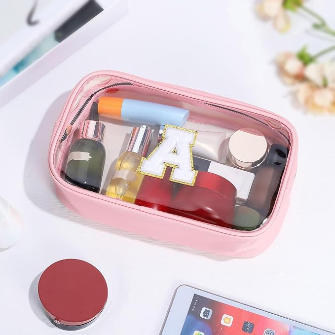 YOOLIFE Birthday Gifts | Initial Travel Essentials Makeup Bag, Clear Toiletry Bag Pouch Cosmetic Bag Case Large Makeup Bag Personalized Pink Birthday Gifts for Women Teacher Mom Teen Friends J