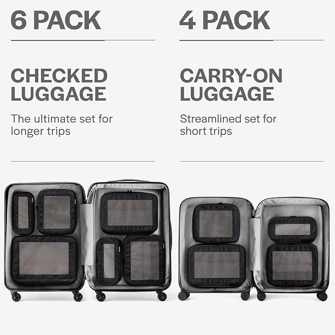 Aerotrunk Compression Packing Cubes for Travel - Luggage Organizer Bags - Double Zipper Packing Cubes for Suitcases (6-Pack, Black)