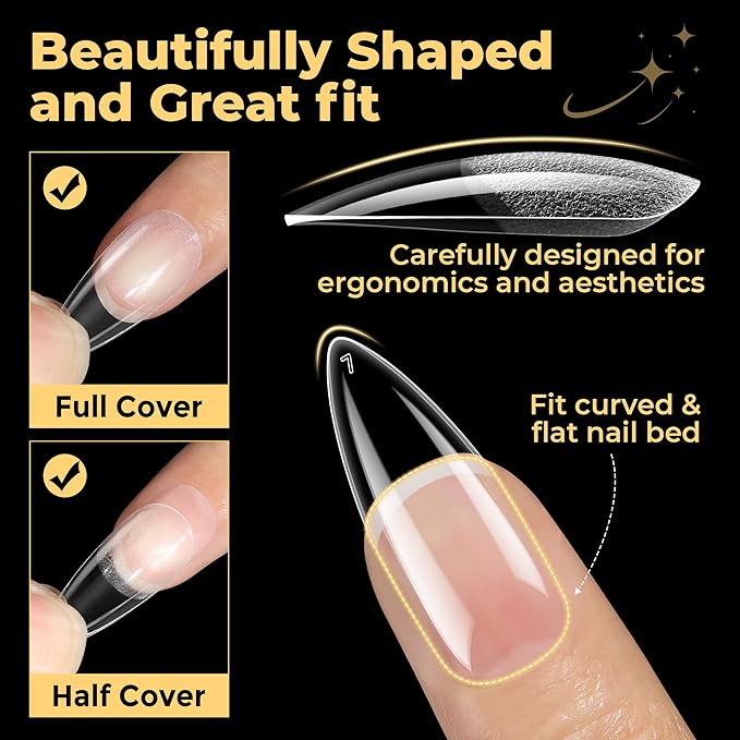 UNA GELLA Medium Stiletto Gel Nail Tips 600Pcs, Medium Stiletto Press on Nails Almond Shape Pre Etched Full Cover Soft Gel Nails Tips for Nail Extensions Christmas Art DIY Salon 12 Sizes at Home