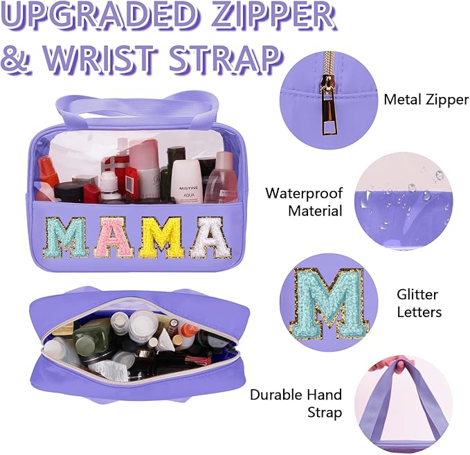 Chenille Letter Patch Mama Bag, Preppy Clear Makeup Cosmetic Bag Large Toiletry Storage Tote Bag with Handle, Transparent Nylon Waterproof Organizer Zipper Pouch for Travel Women Girls(Purple)
