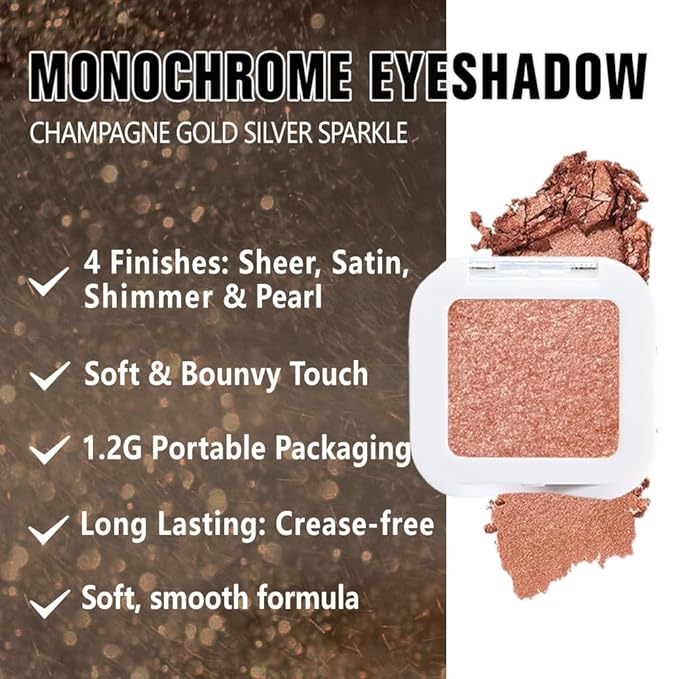 evpct Champagne Gold Glitter Eyeshadow Palette Single, Nude Gold Pink Shimmer Sparkle Cream Eye Shadow Palette Brightener Makeup for Older Women, High Pigment Long Lasting Monochrome Mini Eyeshadow