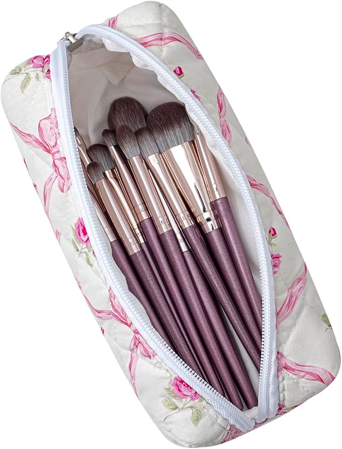 Cute Floral Cotton Makeup Brush Cosmetic Bag for Women, Travel Quilted Zipper Make Up Bag, Flowers Toiletry Organizer Case Kawaii Makeup Cosmetic Travel Cloth Pouch (Pink Bowknot+Blue Bowknot)