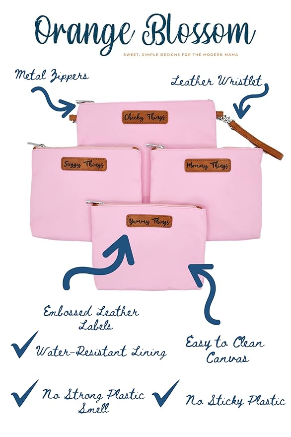 Stylish Diaper Bag Organizing Pouches - XL Set of 4 Pink Canvas Diaper Bag Pouches with Leather Embossed Labels, Leather Wristlet Strap & Durable Metal Zippers