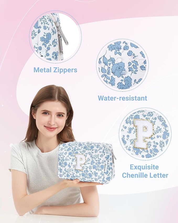 Narwey Birthday Gifts for Teen Girls Kids Women Personalized Initial Floral Makeup Bag Cute Cosmetic Trendy Stuff 6 8 10 11 12 13 14 16 18 Years Old Travel Toiletry Bag (Little Blue Flower P)