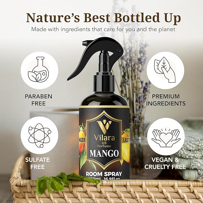 Vilara US Room Spray Freshener – Long-Lasting Luxury Perfume Scent, Linen & Fabric Spray for Bedding, Furniture, Home & Bedroom Aromatherapy – 16.9 fl oz (Mango Pack 3)