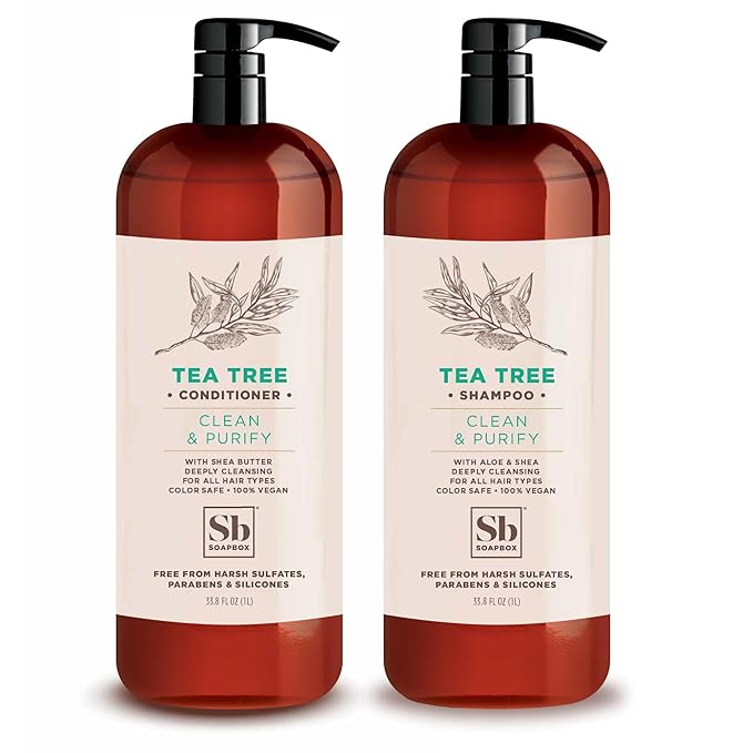 Soapbox Tea Tree Shampoo and Conditioner Set, Scalp Balancing with Tea Tree Oil, Jojoba Oil, Aloe and Shea Butter to Clean and Purify for All Hair Types, 1 Liter Each (Pack of 2)
