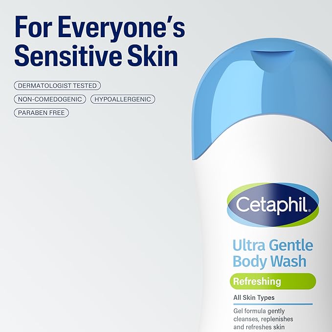 Cetaphil Ultra Gentle Refreshing Body Wash, Refreshing Scent For Dry to Normal, Sensitive Skin, 16.9oz Pack of 3, with Aloe Vera, Calendula, Vitamin B5, Hypoallergenic, Dermatologist Tested
